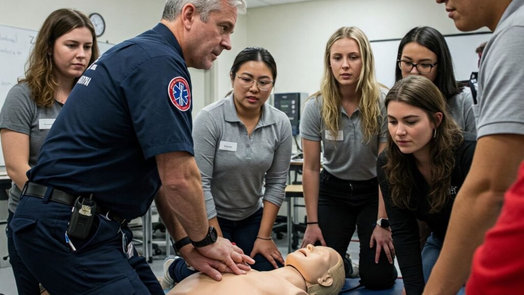 Interactive first aid training course where participants master CPR techniques using advanced dummies.