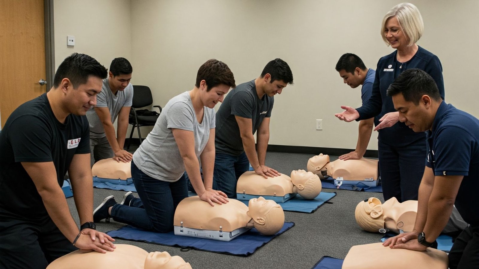 Hands-on CPR training session with people learning life-saving skills on realistic dummies.