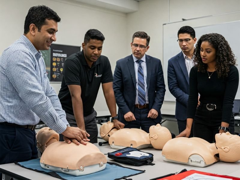 Participants in a CPR class perfecting resuscitation skills on realistic first aid training dummies.