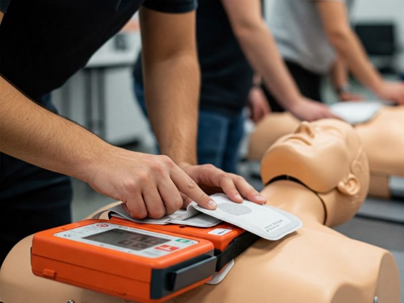 Intensive CPR training class focusing on real-world resuscitation techniques using lifelike dummies, close-up shot dummy