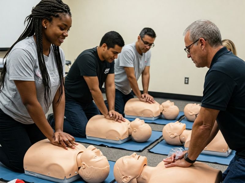 Professional CPR course in action, with trainees practicing emergency response on training dummies.