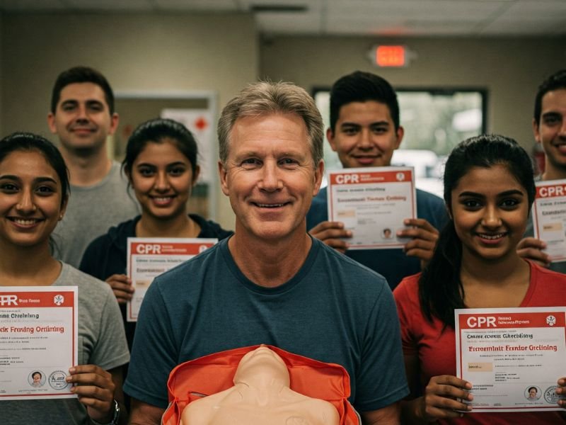 CPR class finished and holding up certificates of completion with instructor