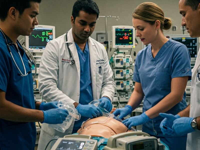 Medical staff gathered around dummy during CPR renewal training.