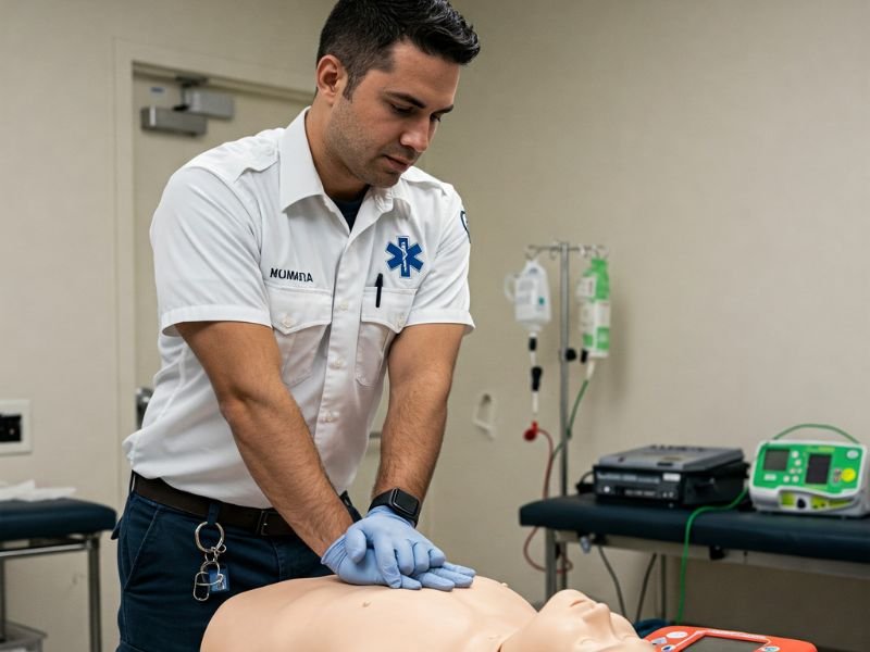 EMT undergoing CPR Training on lifelike CPR dummy.