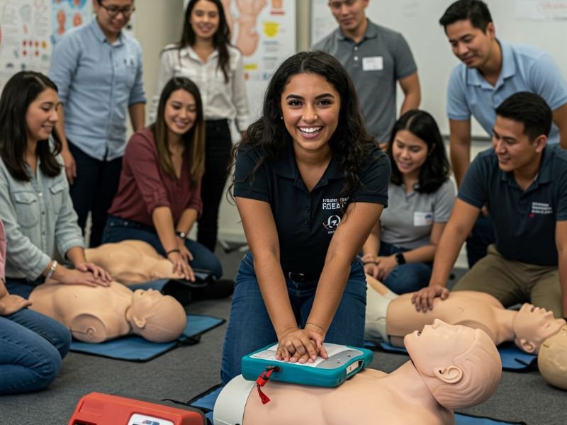 Emergency preparedness training: participants performing CPR on life-like resuscitation dummies.