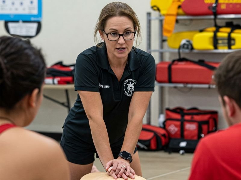 CPR Training instructor demonstrating on dummy, CPR class participants blurred in foreground